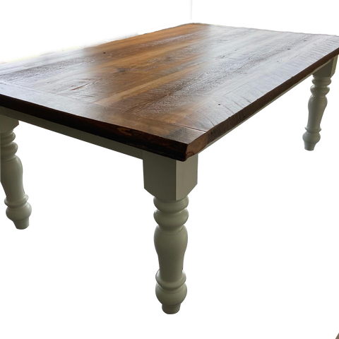 Reclaimed barnwood farmhouse dining table with Turned 5” legs