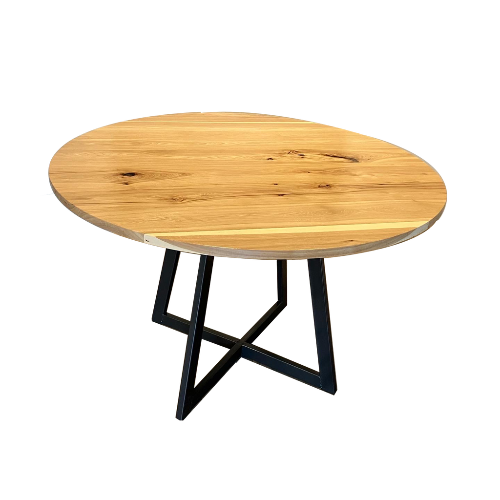 Rustic Hickory round pedestal table with Steel base