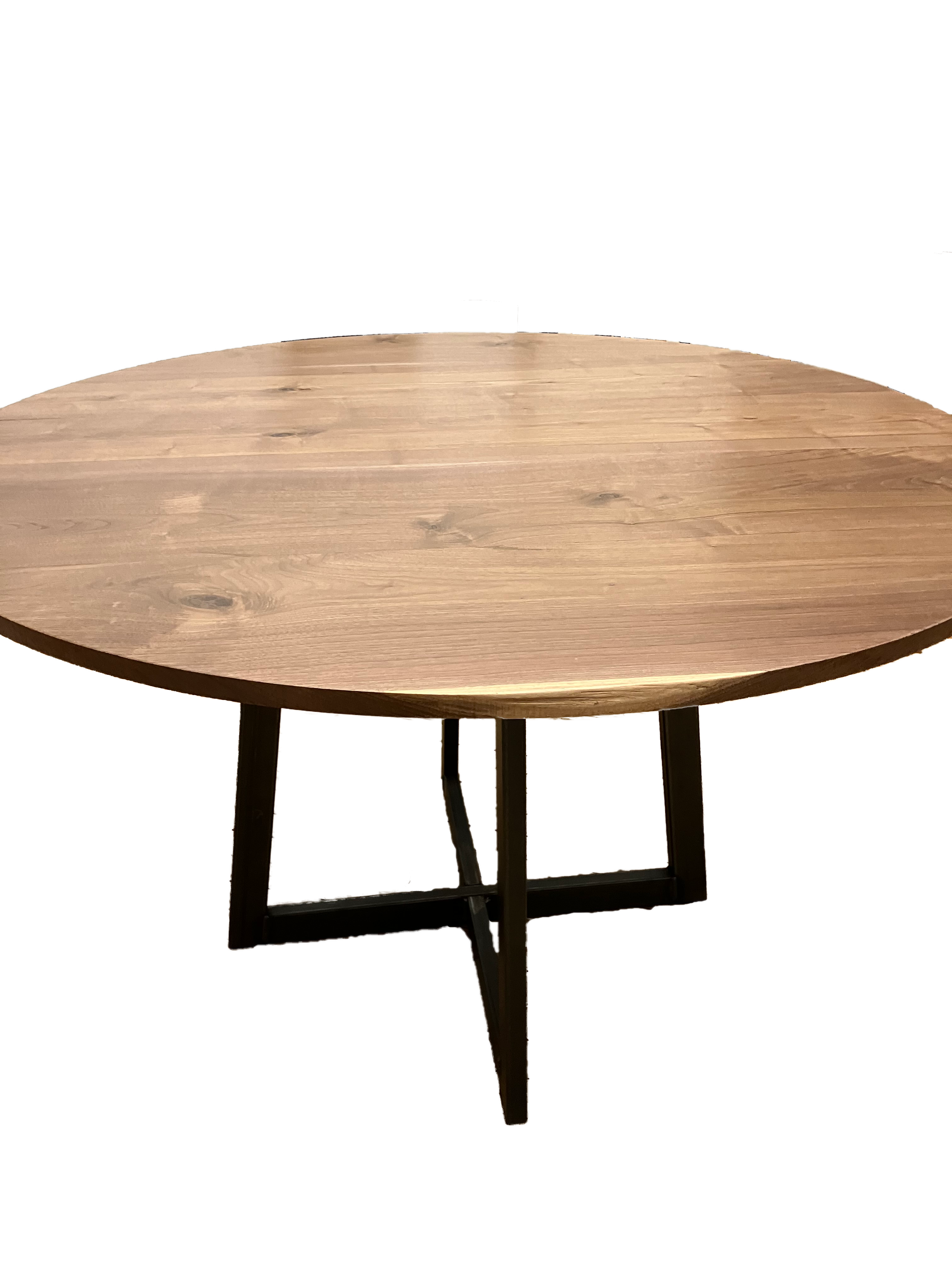 Black Walnut round pedestal table with Steel base