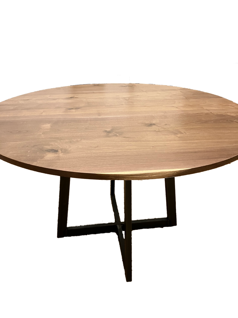 Black Walnut round pedestal table with Steel base