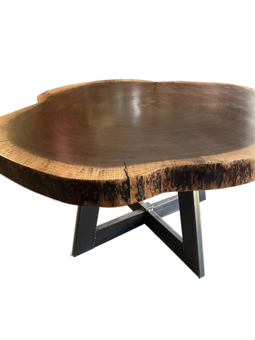 Black Walnut cross section coffee table with Steel pedestal base